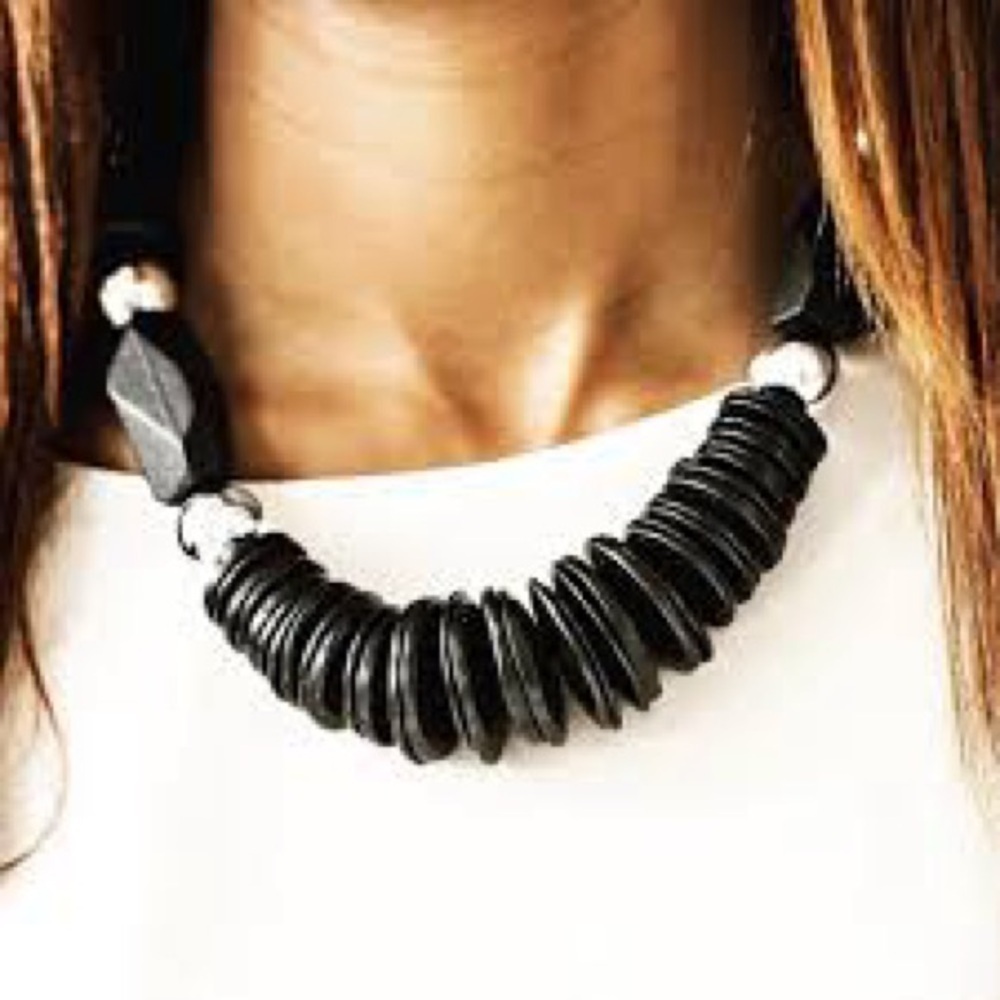 Black Beaded Coconut Shell BOHO Necklace Silver Tone Statement